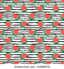 Summer fashion print with watermelons on a black and white stripes background. Vector seamless pattern.