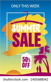 Summer fashion sale web banner with sunset beach, palms, surf, girl. Vector elements for discount flyer, promotion stickers,web banner, tags, label and poster design.