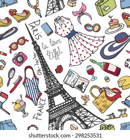 Summer Fashion seamless pattern.Doodle Paris France Eiffel tower women  dress,clothes,accessories,symbol.Vector hand drawing background,vacation  Sketches,travel design template,illustration,wallpaper