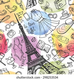 Summer Fashion seamless pattern.Doodle Paris France Eiffel tower,women  dress,clothes,accessories,symbol,watercolor texture splash.Vector hand drawing background,vacation  Sketches,travel wallpaper