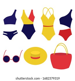 Summer fashion set of isolated objects. Minimalistic simplified vector illustration. Swimsuit types for beach. 