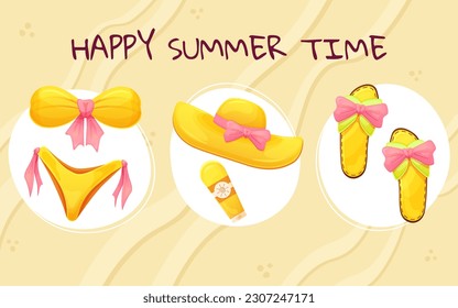 Summer fashion set of women's beach accessories. Big hat, swimsuit,sandals. Happy summer time. Vector illustration in cartoon style.