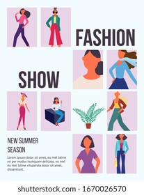 Summer fashion show poster or banner template with women cartoon characters, flat vector illustration. Advertising placard with fashion models in trendy clothing.