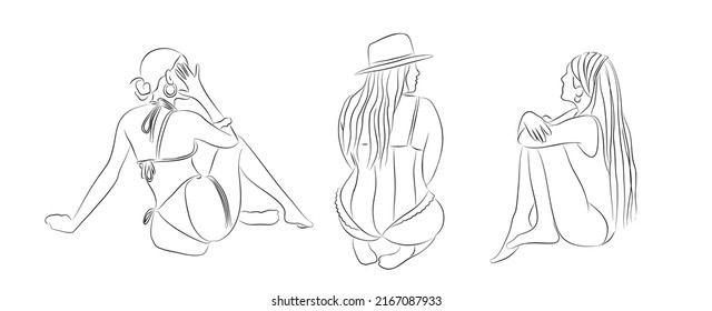 Summer fashion sketch vector illustration. Line art drawing. Beautiful young girls in swimsuits sitting on the sea beach. Stylized monochrome hand drawn ink painting.