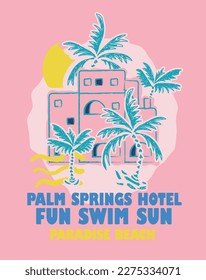 Summer fashion and style print for kidswear, youngswear and other uses. Palm trees, sunset and greek hotel illustration. vector graphic illustration for silk screen print.