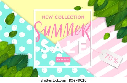 Summer fashion stylish sale flyer template with lettering. Bright fresh green leaves concept. Poster, card, label, banner design. Bright and stylish geometric background. Vector illustration EPS10