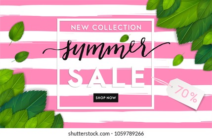 Summer fashion stylish sale flyer template with lettering. Bright fresh green leaves concept. Poster, card, label, banner design. Bright and stylish geometric background. Vector illustration EPS10