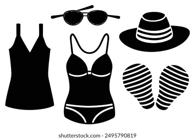 Summer Fashion: Swimsuits, Flip-Flops, Sun Hats, Tank Tops, Sunglasses Vector Illustration for Printable Graphics Design