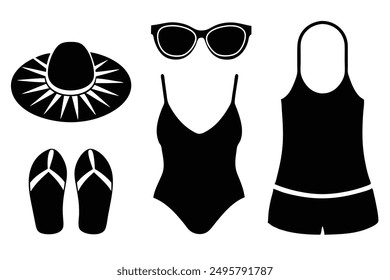 Summer Fashion: Swimsuits, Flip-Flops, Sun Hats, Tank Tops, Sunglasses Vector Illustration for Printable Graphics Design