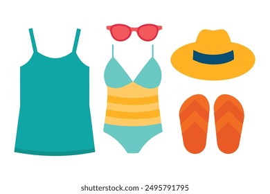 Summer Fashion: Swimsuits, Flip-Flops, Sun Hats, Tank Tops, Sunglasses Vector Illustration for Printable Graphics Design