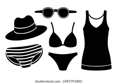 Summer Fashion: Swimsuits, Flip-Flops, Sun Hats, Tank Tops, Sunglasses Vector Illustration for Printable Graphics Design