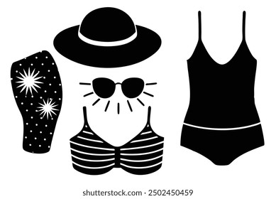 Summer Fashion: Swimsuits, Flip-Flops, Sun Hats, Tank Tops, Sunglasses Vector Illustration for Printable Graphics Design