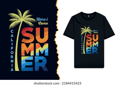 Summer fashion t-shirt design with a palm tree for a California beach party. Typography grunge texture vintage illustration for print on a clothing design template.