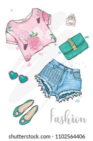 Summer fashionable outfit. Short top, shorts, shoes, bag and glasses. Vector illustration, fashion and style. A sketch. Female fashionable look.