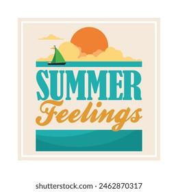 Summer feelings sticker with a sky and a boat in a trip over the ocean.