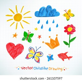 Summer felt pen child drawing on checkered school notebook paper. Vector set.