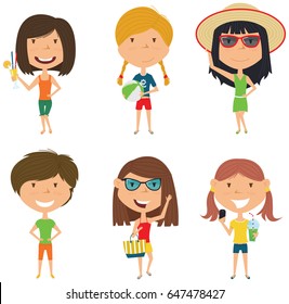 Summer female characters vector illustration. Happy girls standing with refreshing drink and coctail, ball, with beach bag, make a selfie. Vector flat style teens isolated in white background. 