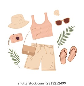 Summer female clothes and accessory vector illustration. fashion women shorts, top, slippers, bag, sunglass, hat, tropical leaves isolated on white background. Travel, vacation on the beach.