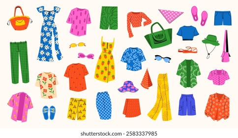 Summer female clothing. Woman fashionable apparel and dress, bikini beach accessories and clothes, trendy summer garments. Vector cloth set.