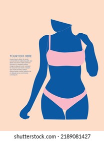 Summer female illustration. Woman in trendy design wearing bikini. Light pink background.