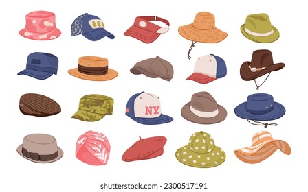 Summer female and male headwear hat. Cartoon hats cap accessory. Straw hat for use on beach. Female and male headwear, derby and cowboy, panama. Vector Illustration female and male accessory. Fashion