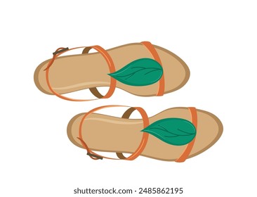 Summer female open sandals in cartoon style, pair of women shoes with string and leaves design