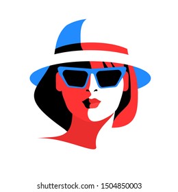 Summer female portrait. Young woman wearing hat and sunglasses. Full face portrait, isolated, white background. Vector illustration
