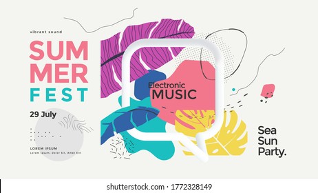 Summer fest banner design with shapes and geometric elements in memphis style. Trendy art tropical poster. Vector illustration