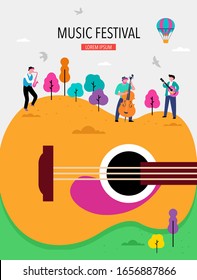 Summer fest, concept of live music festival, jazz and rock, food street fair, event poster and banner. People dance and play music. Vector design and illustration