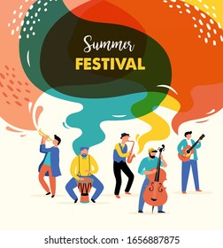 Summer fest, concept of live music festival, jazz and rock, food street fair, event poster and banner colorful vector design