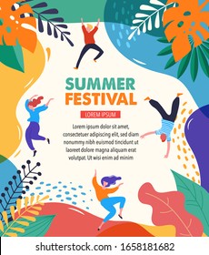 Summer Fest, Concept Of Live Music Festival, Jazz And Rock, Food Street Fair, Family Fair, Event Poster And Banner With Dancing Happy People. Vector Design And Illustration