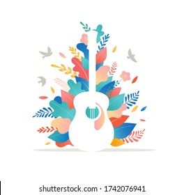 Summer fest, concept of live music festival, jazz and rock, food street fair, event poster and banner. People dance and play music. Vector design and illustration