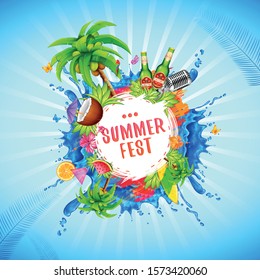 summer fest festival vector design palm coconut flowers party tropical holiday sun beach poster brand hot idea 