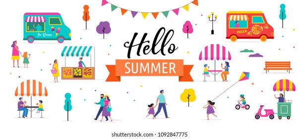 Summer fest, food street fair, family festival poster and banner colorful design