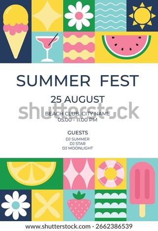 Summer fest poster template, geometric style. Background for print, card, poster, flyer. Vector illustration