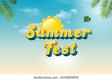 Summer Fest Sale With Palm Leaves On Gradient Sky Background. Vector Illustration For  Hot Summer Vibe, Vacation, Party, E-commerce Etc.