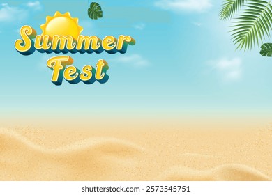 Summer Fest Sale With Palm Leaves On Gradient Sky Background. Vector Illustration For  Hot Summer Vibe, Vacation, Party, E-commerce Etc.