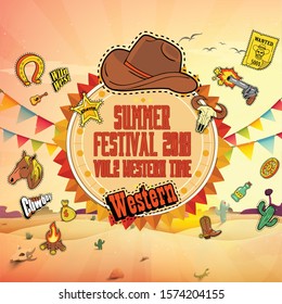 summer fest western party time vol sunset desert cowboy festival vector icons set template invitation retro Mexico poster brand illustration nature logo 