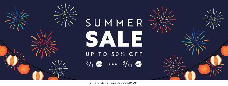 Summer festival advertising banner template with lanterns and fireworks lighting up the night sky