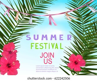 Summer festival background with palm tree branches, flowers and garland. Vector illustration