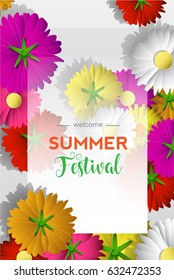 Summer festival banner chrysanthemum mix colorful paper flowers for poster, publishing, invitation, brochure, voucher, discount, advertising, websites, magazines, label