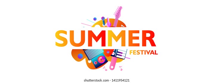 Summer festival banner template with colorful  music instrument shape on white background