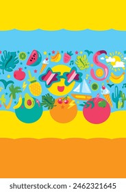 Summer festival banner vector. Music concert announcement and entertainment on the beach. Hello Summer feast. Unforgettable weekend at the warm seaside. Colorful juicy doodle style poster