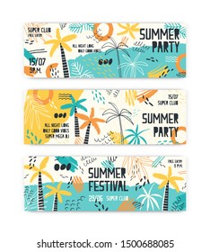 Summer festival banner vector templates set. Tropical beach party invitation layouts pack. Music entertainment, open air discotheque advertising. Palm trees doodle illustrations with typography.