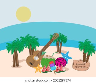 Summer festival beach background. vector realistic illustration. coconut tree, palm tree, guitar, watermelon, ice cream,  and coconut water.