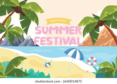 Summer Festival Beach Illustration with Palm Trees and Umbrella