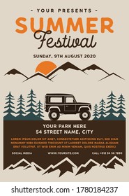 Summer festival camp flyer A4 format. Mountain Road Trip Adventure poster graphic design with forest, car and text. Stock vector retro card