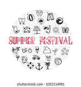 Summer Festival - concept banner from icons, in the form of a circle and set of summer icons.