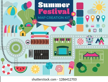 Summer Festival Event Map Builder Creator Kit Music Community Flat Vector Icons