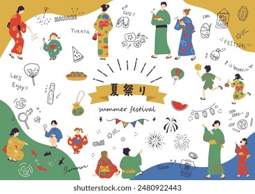 summer festival icons and yukata people
Japanese kannji character "NATSUMATSURI""summer festival"